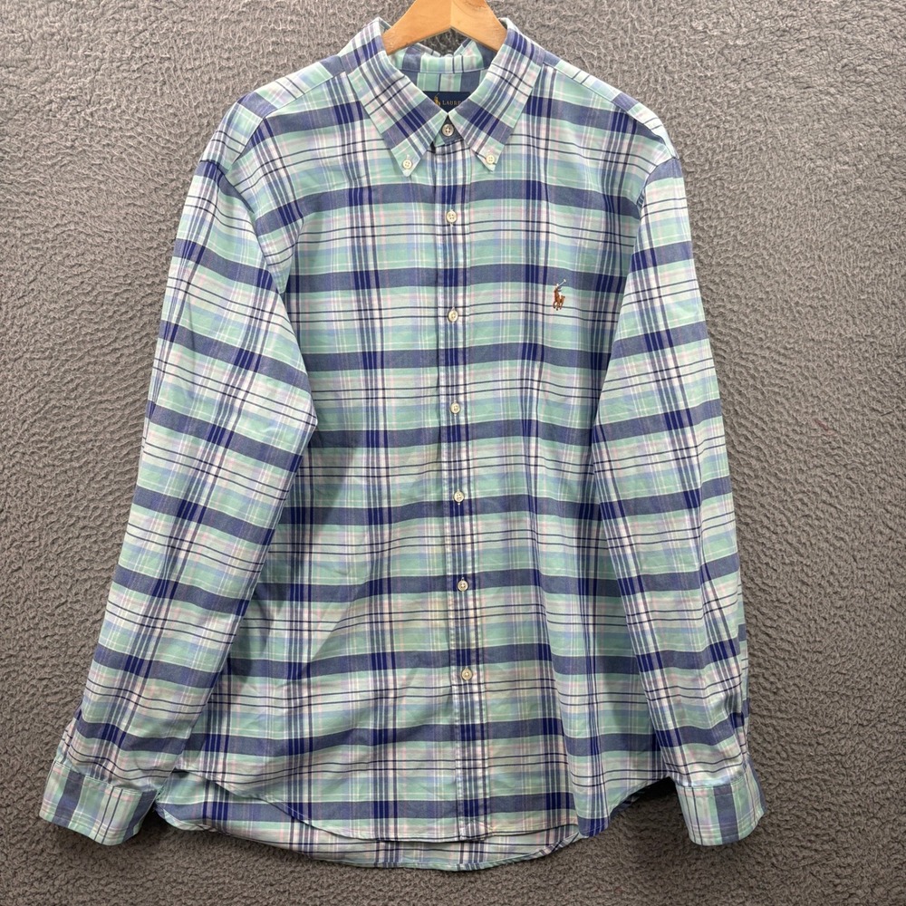 Ralph Lauren Button Down Shirt Mens XL Blue Green Plaid Long Sleeve Cotton